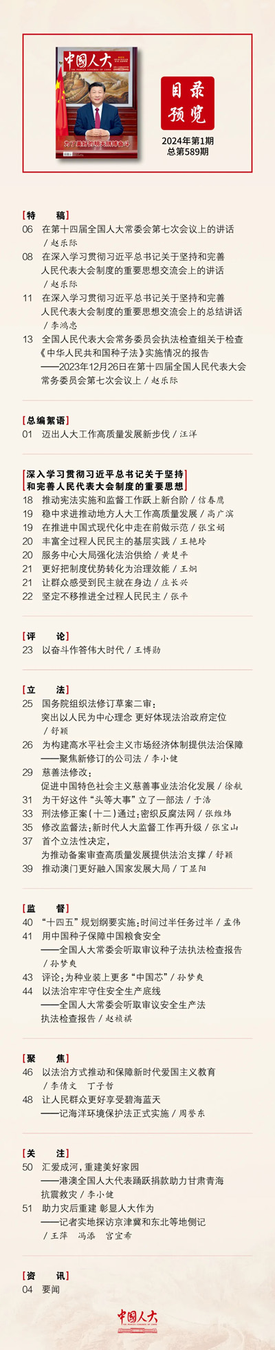  《中国人大》2024年第1期目录